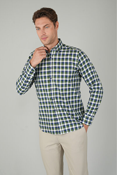 Bisse Men's Long Sleeve Checkered Sports Cotton Shirt Green
