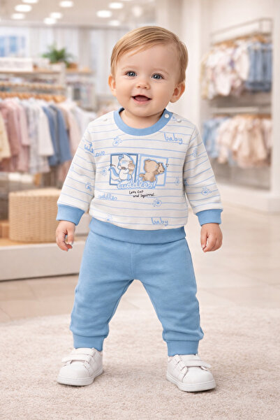 Hoppidik طقم من قطعتين مطبوع عليه قطة وسنجاب مع ياقة وأكمام قابلة للطي