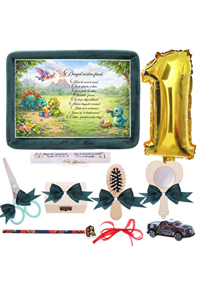 Recostore Tavita mot baieti, Dinozauri, catifea verde inchis, 10 piese, 34x25...