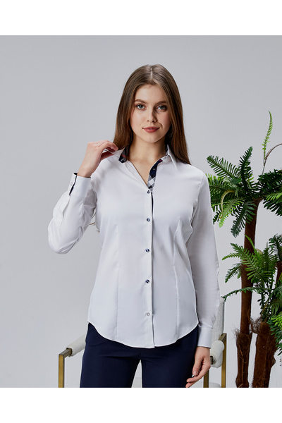 FARQIN White Cotton Satin Burbery Fabric Detailed Slim Fit Women's Shirt