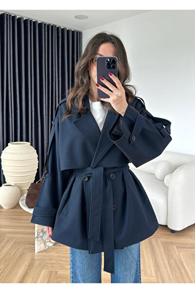 My Blog Trenci scurt oversize bleumarin, fără umeri - 9580