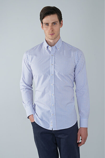 Bisse Long Sleeve Pasha Collar Pocketless Blue Cotton Men's Shirt