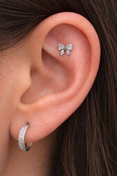 alysa jewelry Cerrahi Çelik zirkon taşlı şık fiyonklu piercing, tragus, flat,...