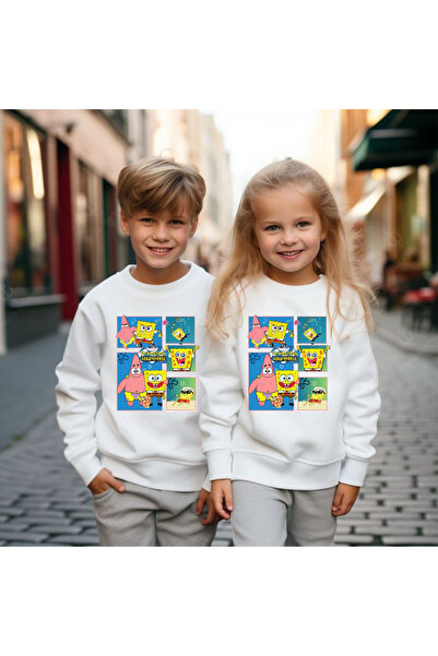 Tubinyoo Sünger Bob & Patrick Friends Baskılı Beyaz Çocuk Sweatshirt (tekli ü...