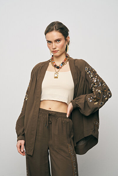 Orfeo Negro Kimono supradimensionat pentru femei, elegant, cu paiete și mărge...