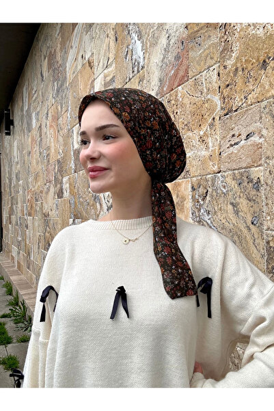 Anatolye Kahverengi Çiçek Desen Tülbent Eşarp Bone