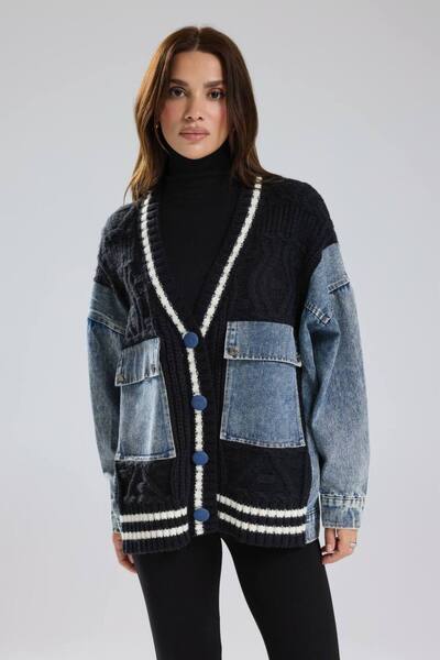 tw3 Γυναικεία Χοντρή Πλεκτή Ζακέτα με Τζιν Σχέδιο και Διακοσμητικά Στοιχεία