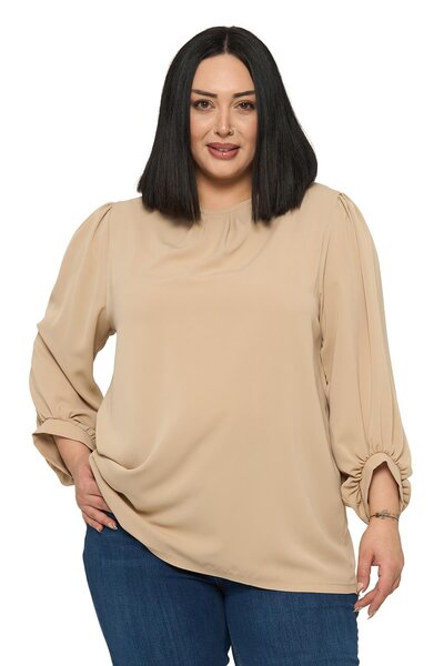 DISENTIS MODEST Plus Size Round Neck Three Quarter Drawstring Sleeves Relaxed...