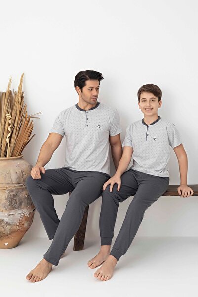 Tarık Men's Dot Pattern Short Sleeve Father Son Combination Combed Cotton Kni...