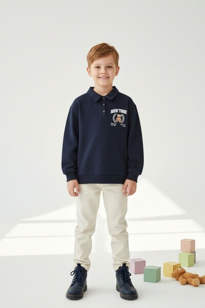 Kübra Tekstil Φούτερ για αγόρια με στάμπα αρκουδάκι, σκούρο μπλε, με γιακά πό...