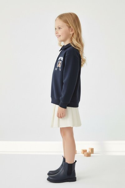 Kübra Tekstil Kız Çocuk Sweatshirt Ayıcık Baskılı Lacivert Polo Yaka Düğmeli Günlük ve Özel Gün