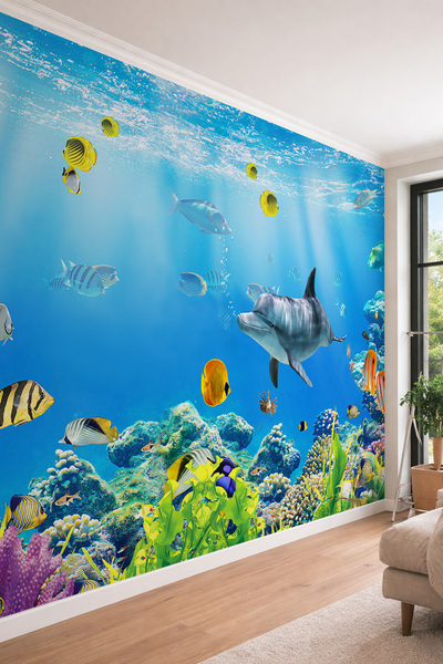 dreamwall 3D Derinlikli Yunus Balığı ve Tropikal Mercan Kayalıkları Temalı Te...