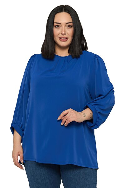 DISENTIS MODEST Plus Size Round Neck Three Quarter Drawstring Sleeves Relaxed...