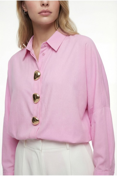 KENZA'A TRİKO Oversized Shirt with Gold Button Accessories