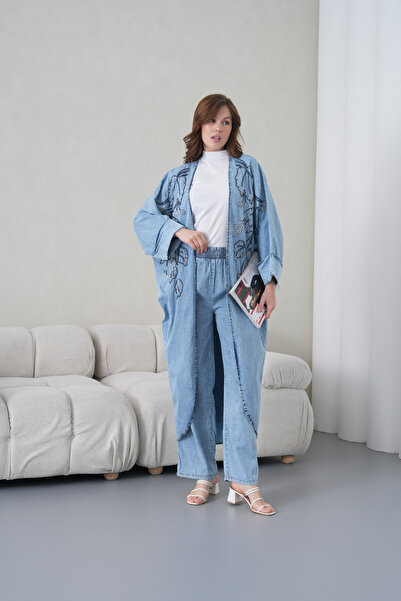 Miss Allos Women's Front Embroidered Beaded Denim Kimono Cardigan and Denim T...