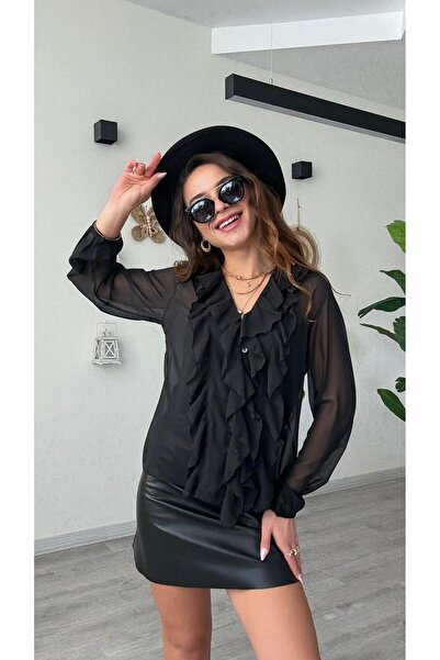 modadagiyim Women's Shirred and Ruffled Buttoned Chiffon Shirt Blouse