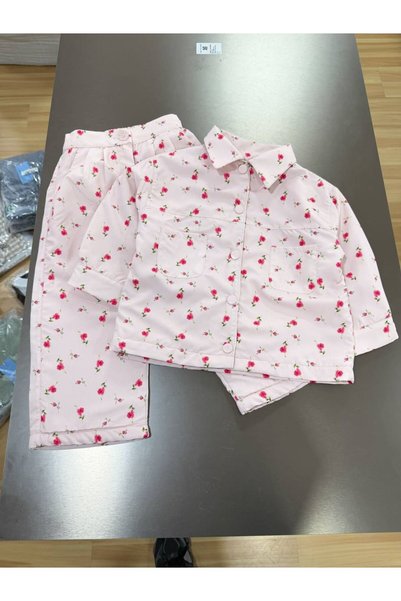 Motebarn Wear Kız Çocuk İçi Polarlı Gül Desenli Paraşüt Kumaş Gömlek Pantolon Alt Üst Takım