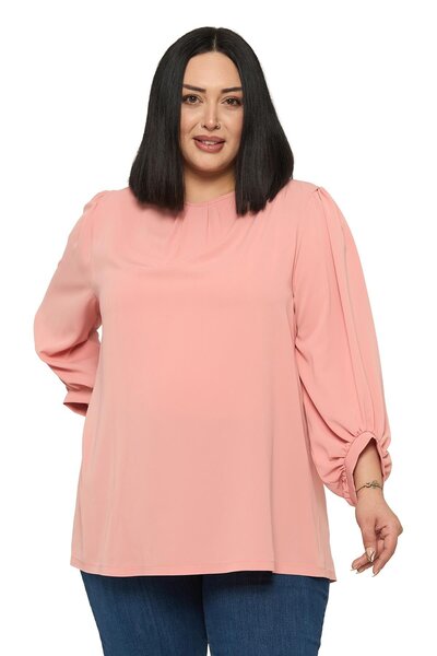 DISENTIS MODEST Plus Size Round Neck Three Quarter Drawstring Sleeves Relaxed...