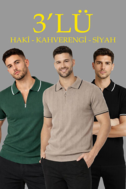 LUMİART Men's 3-Pack Woven Knitwear Zippered Collar Ribbed Short Sleeve Regul...
