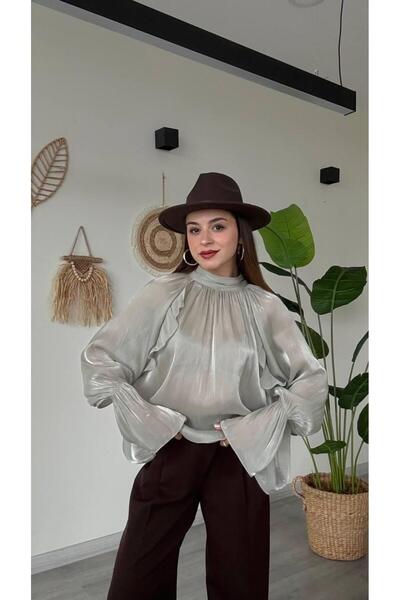 modadagiyim Women's Shirred and Ruffled Back Tie Chiffon Shirt Blouse with Ru...