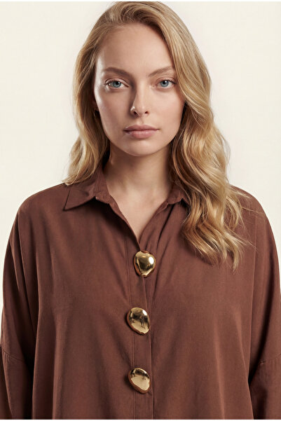 KENZA'A TRİKO Oversized Shirt with Gold Button Accessories