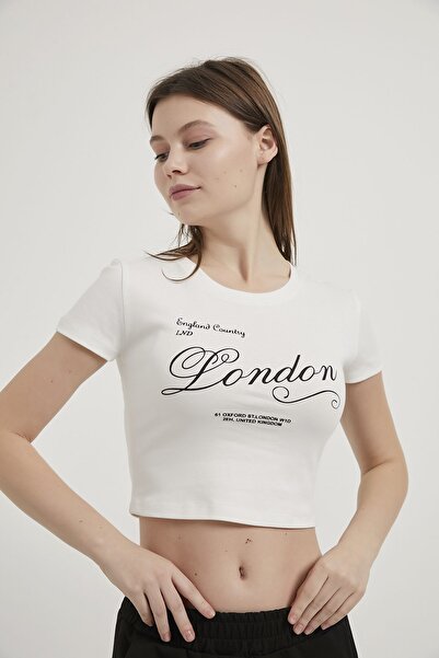 Arma Life Armalife 11143 Text Printed Bis Collar Crop Women's T-Shirt