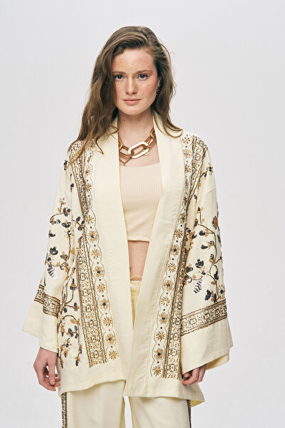 Orfeo Negro Women's Elegant Sparkle Front Sequin and Bead Embroidered Kimono