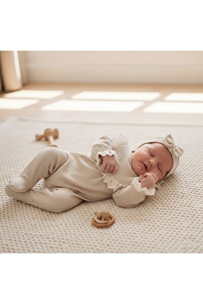 COLORFULLCLİPS Waffle Beige Jumpsuit Bandana Set