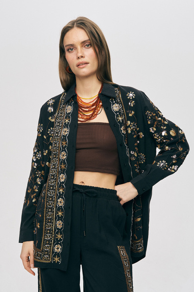 Orfeo Negro Women's Elegant Sparkling Sequin and Bead Embroidered Oversize Shirt