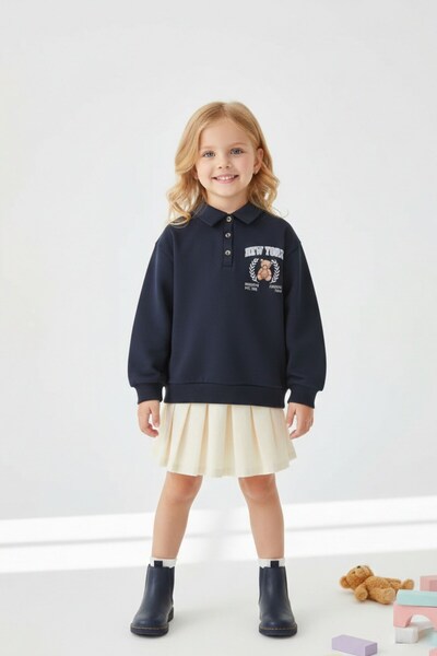 Kübra Tekstil Κοριτσίστικο φούτερ με στάμπα αρκουδάκι, μπλε ναυτικό, με γιακά...