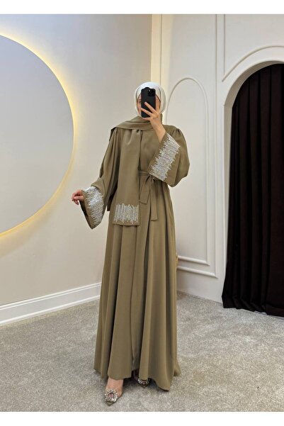 Molly Nelly Kadın Uzun Kolları Taş Detaylı Kuşaklı Krep Abaya