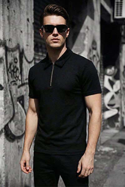 Oksit Robb Men's Half Zipper Textured Polo Collar Short Sleeve Slim Fit T-Shirt