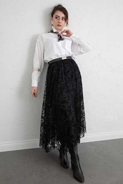 zhrcelebi Buta Patterned Asymmetrical Tulle Skirt 0086 - Black