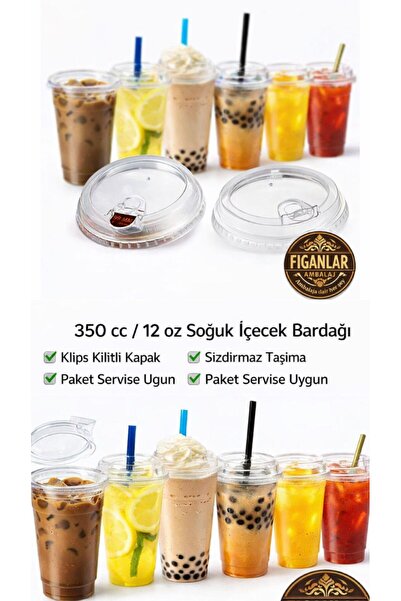 figanlar ambalaj 50'li 350cc 12Oz PET Soğuk İçecek Bardağı Klips Kilit Kapakl...