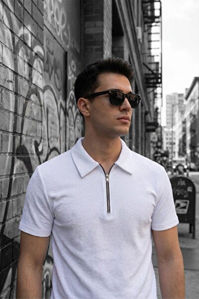 Oksit Robb Men's Half Zipper Textured Polo Collar Short Sleeve Slim Fit T-Shirt