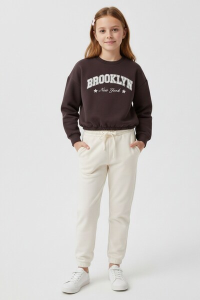 Kübra Tekstil Kız Çocuk Sweatshirt 10-15 Yaş Brooklyn Baskılı Kahverengi Uzun Kollu Günlük ve Özel Gün