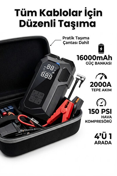 post alley 4'ü 1 Arada Çok Amaçlı Akıllı Akü Takviye Hava Kompresörü ve Powerbank 16.000MAH Led Ekranlı
