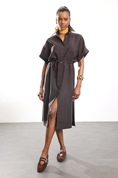 5in1Canpolat Καφέ Φόρεμα Tensel με ζώνη στη μέση 070