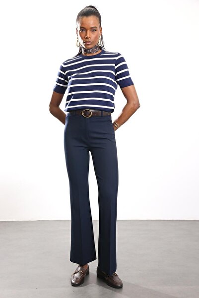 5in1Canpolat Navy Blue Straight Cut Fabric Trousers 17406