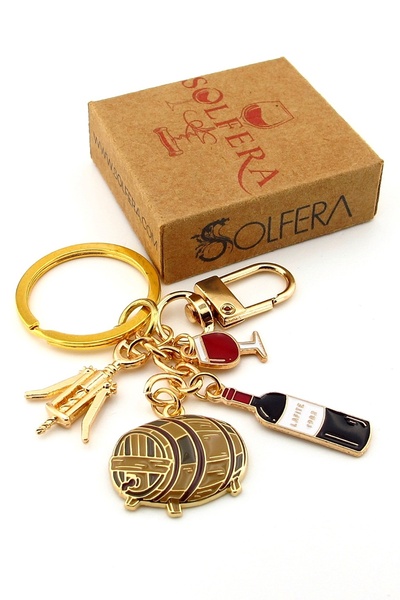 Solfera Breloc cu tematică de vișniță, butoi de vin roșu, pahar, tirbușon, or...