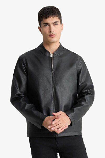 DeFacto Men's Leather Coat D8525Ax/Bk27 Black