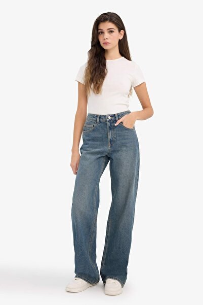 DeFacto Straight Wide High Waist Wide Leg Jean Snow Washed Pants F9585Ax26Sp