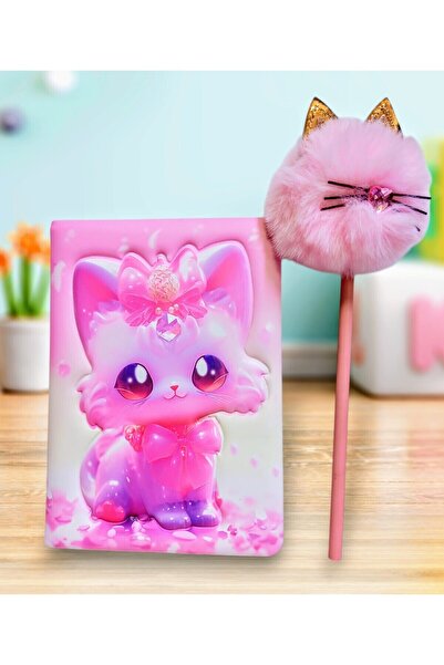 Saatistan Süslü 3D Kabartmalı Kedicik Not Defteri ve Kalem Seti