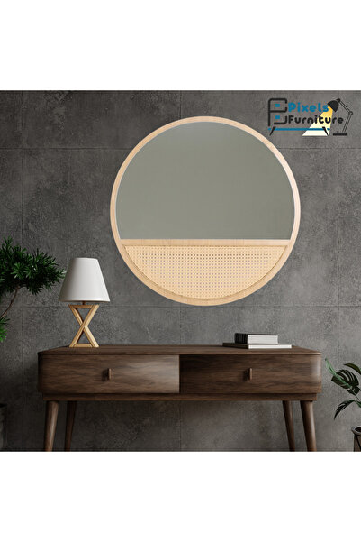 PixelsFurniture Round wall mirror with a rattan design, wooden frame and base...