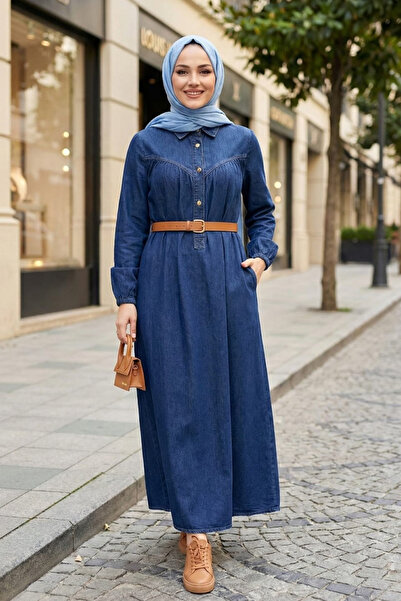 Hb Harma Time Butik Women's Belted Buttoned Dark Blue Denim Hijab Dress