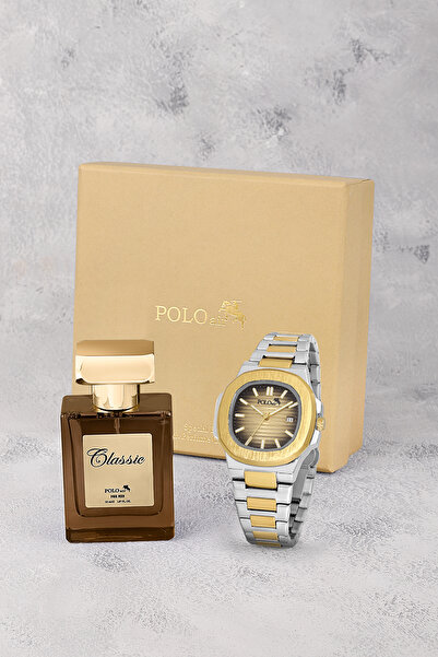 Poloair Takvimli Erkek Kol Saati Ve 55ml Parfüm Hediyelik Kutusunda Set Gold ...