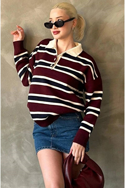 MetuCA Pulover tricotat oversize pentru femei, cu guler polo, cu dungi și nas...