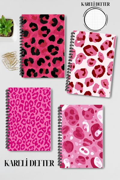 Saatistan Pembe Leopar Desenli A5 Kareli Spiralli Defter 4'lü Set