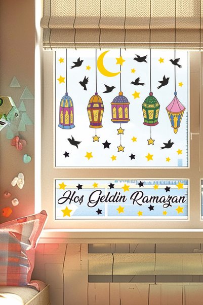 Sticker Ekspres Welcome Ramadan Glass Wall Door Sticker Set with Colorful Lanterns Ramadan Ornament