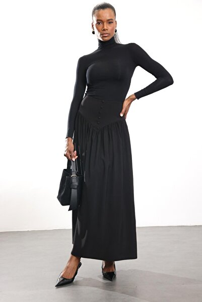 5in1Canpolat Black Buttoned Midi Skirt 041171